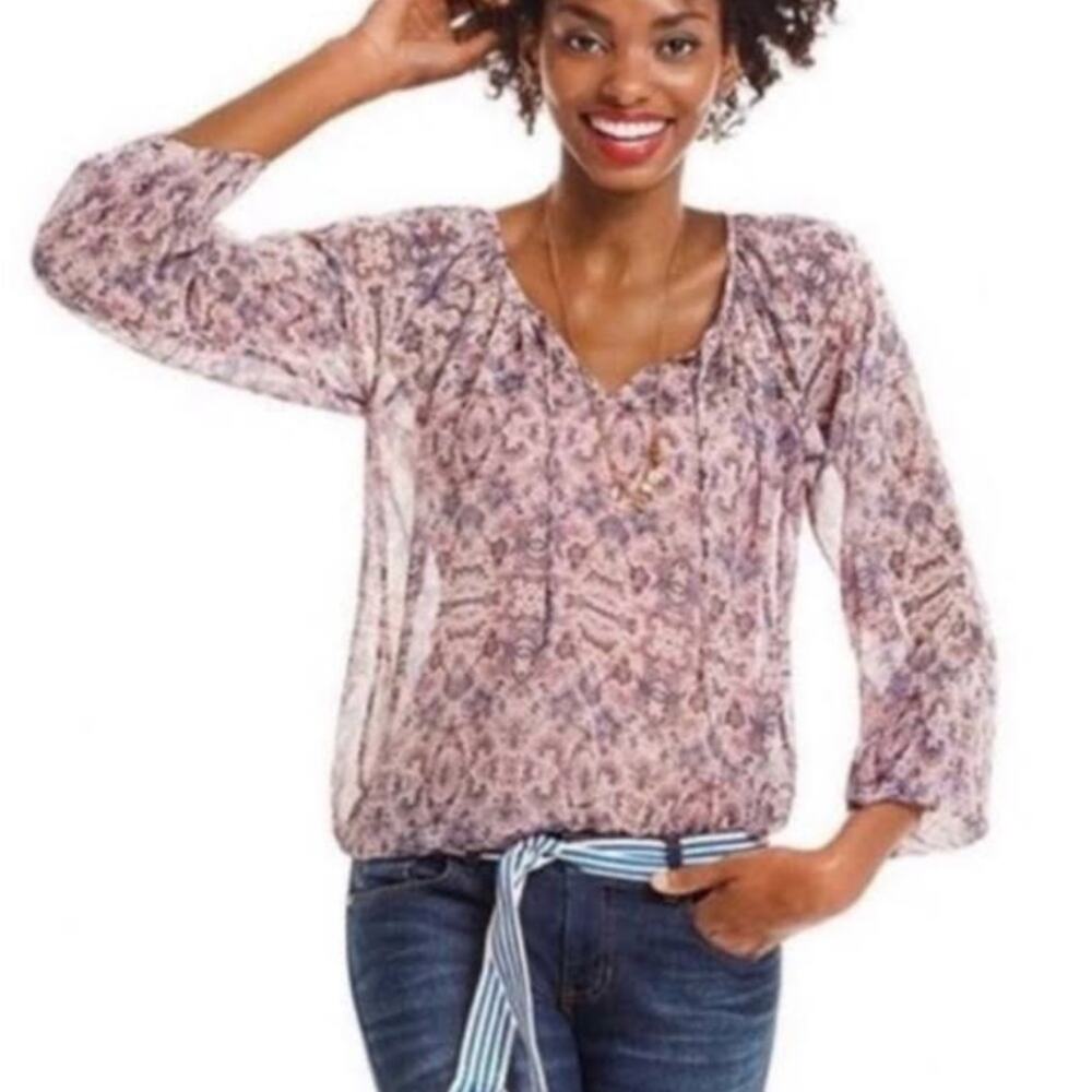 CAbi Siena Floral Print Sheer Peasant Chiffon Blouse Pink Blue Small